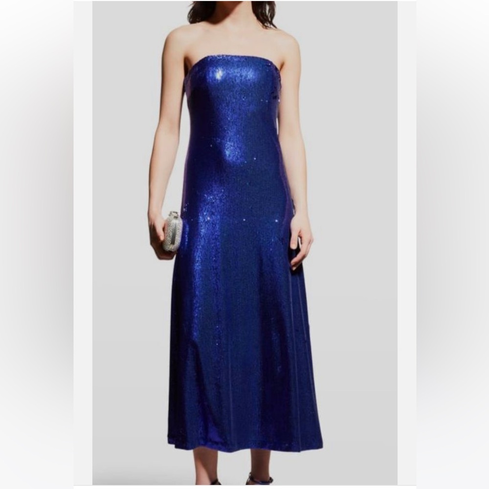 HALSTON Blue Talia Sequin Strapless Gown Dress SIZE 0